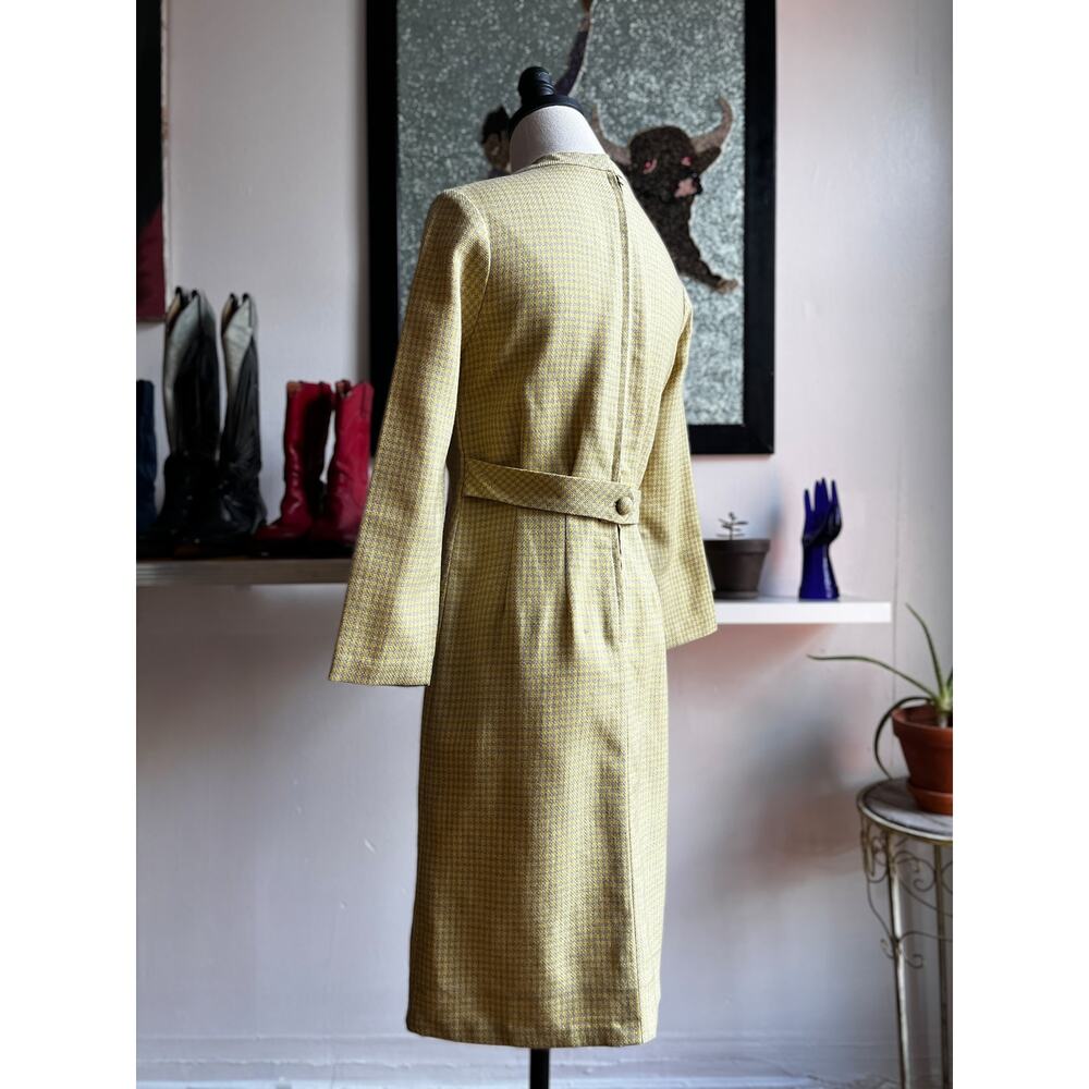 Vintage 60s Yellow Micro Plaid Dress | Mad Men Sheath Tweed Knit | Size S/M - Picture 8 of 10